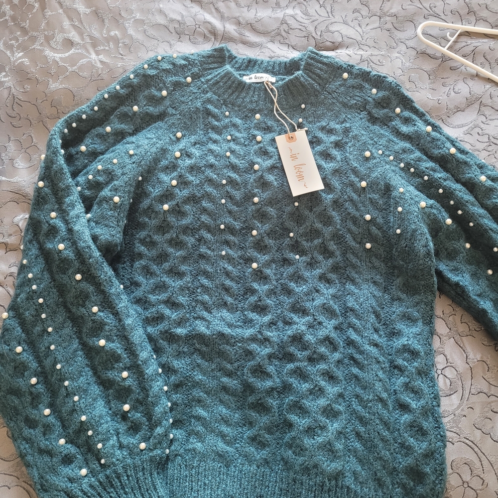 In Bloom Turquoise Sweater with Pearl Embellishments